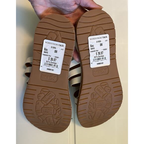 Korks Sandals Women's 8 M White Faux Leather Strappy Toe Ring Flat Cork Khela20 - Picture 9 of 9